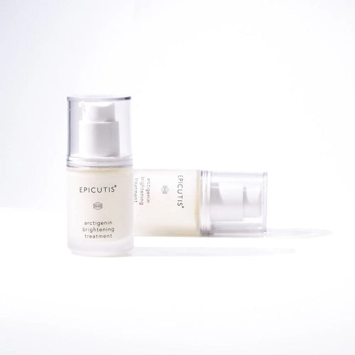 Epicutis Arctigenin Brightening Treatment in a white frosted glass pump bottle, with a second bottle lying horizontally.