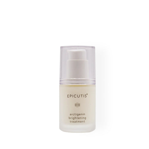 Epicutis Arctigenin Brightening Treatment in a frosted white bottle with a clear pump dispenser.