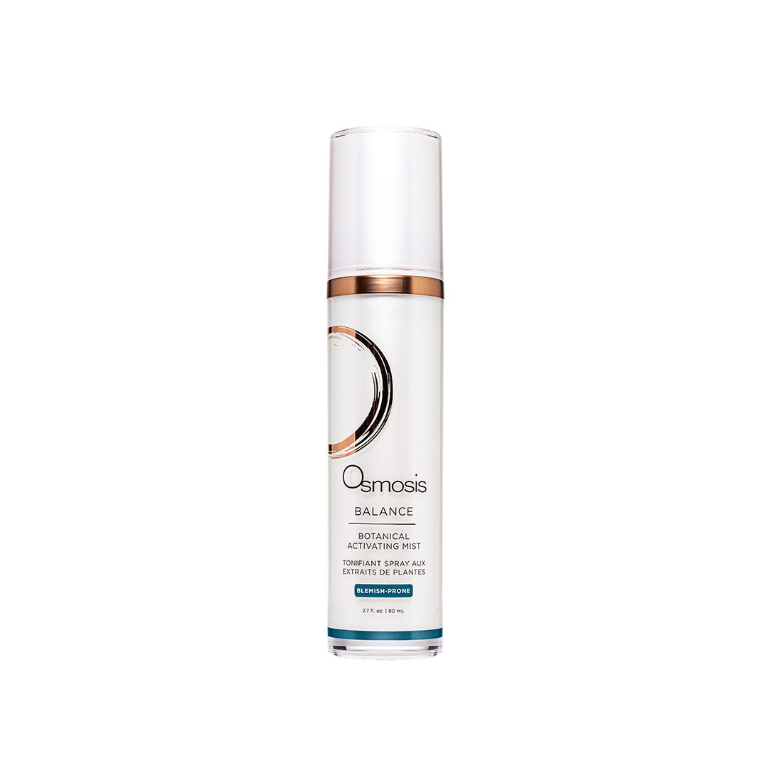 White Osmosis Balance Botanical Activating Mist spray bottle with clear cap and copper accents.