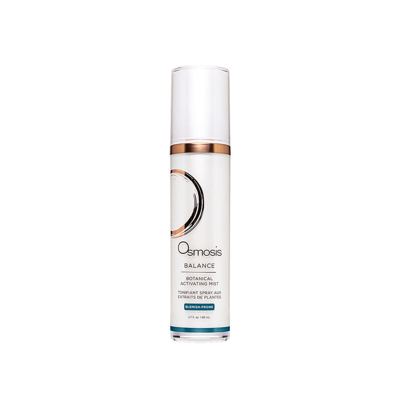 White Osmosis Balance Botanical Activating Mist spray bottle with clear cap and copper accents.
