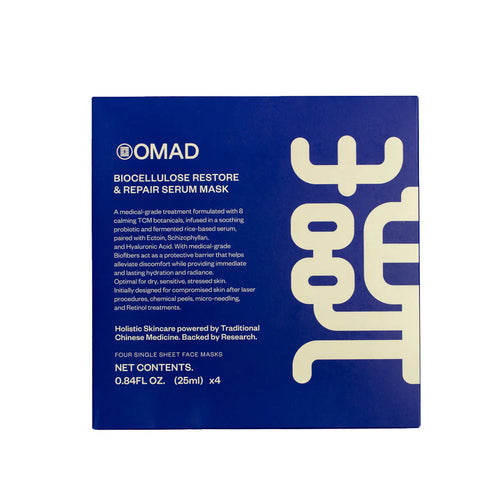 OMAD Biocellulose Restore & Repair Serum Mask box, dark blue with white text and logo.
