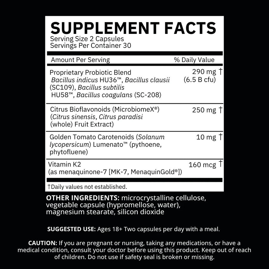 Supplement Facts label detailing Biome Balance Within's probiotic blend, carotenoids, citrus bioflavonoids, and vitamin K2.