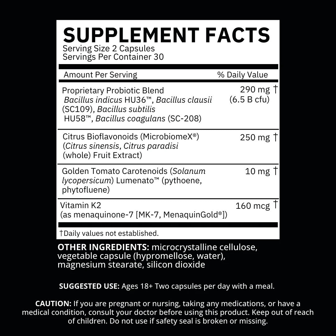 Supplement Facts label detailing Biome Balance Within's probiotic blend, carotenoids, citrus bioflavonoids, and vitamin K2.