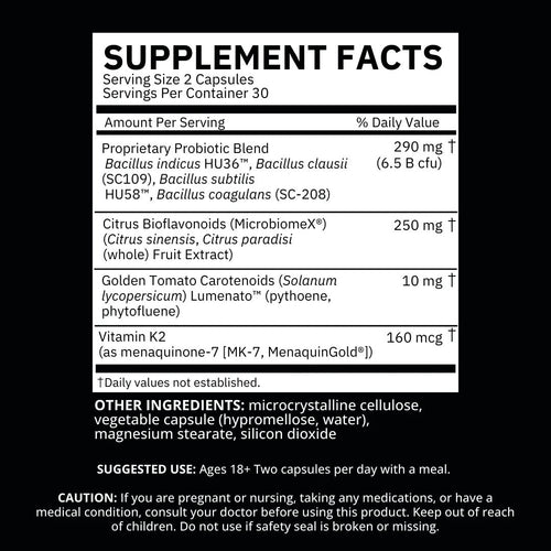 Supplement Facts label detailing Biome Balance Within's probiotic blend, carotenoids, citrus bioflavonoids, and vitamin K2.