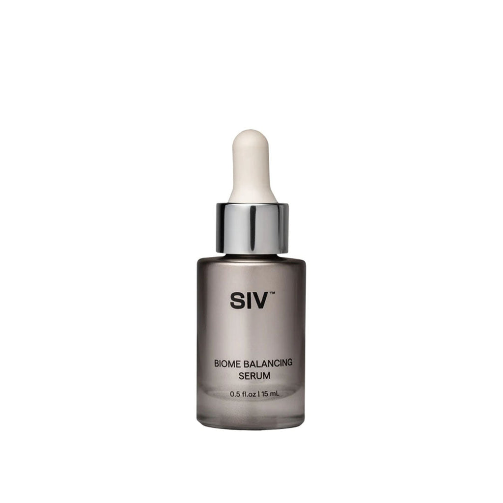SIV Biome Balancing Serum in a frosted glass bottle with a silver dropper cap, 15mL size.