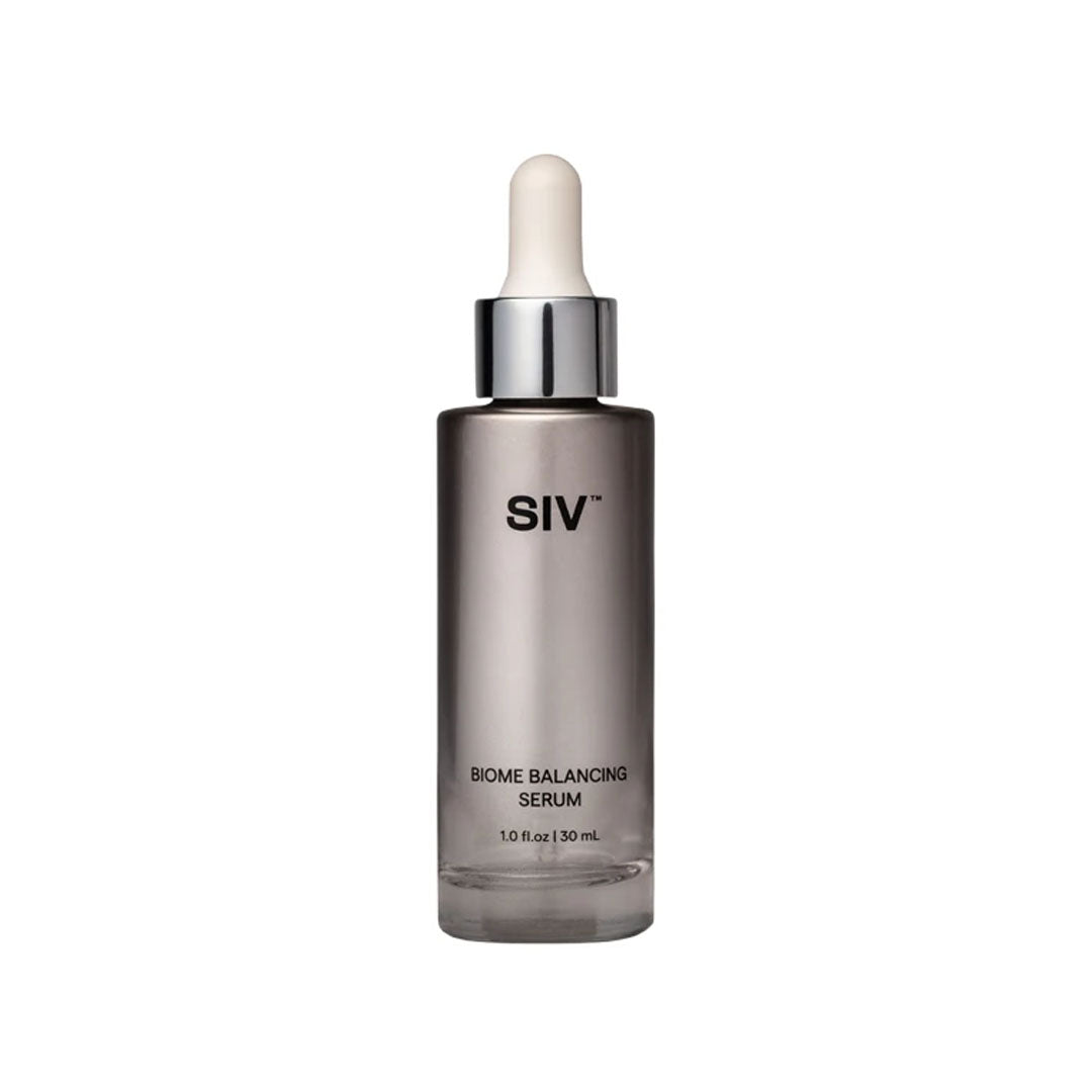 SIV Biome Balancing Serum in a sleek 30mL gray glass dropper bottle with silver accents.