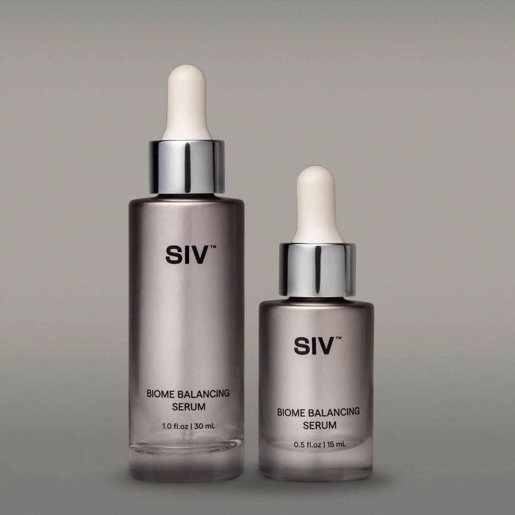 Two SIV Biome Balancing Serums in frosted glass bottles with silver droppers: 30mL and 15mL sizes.