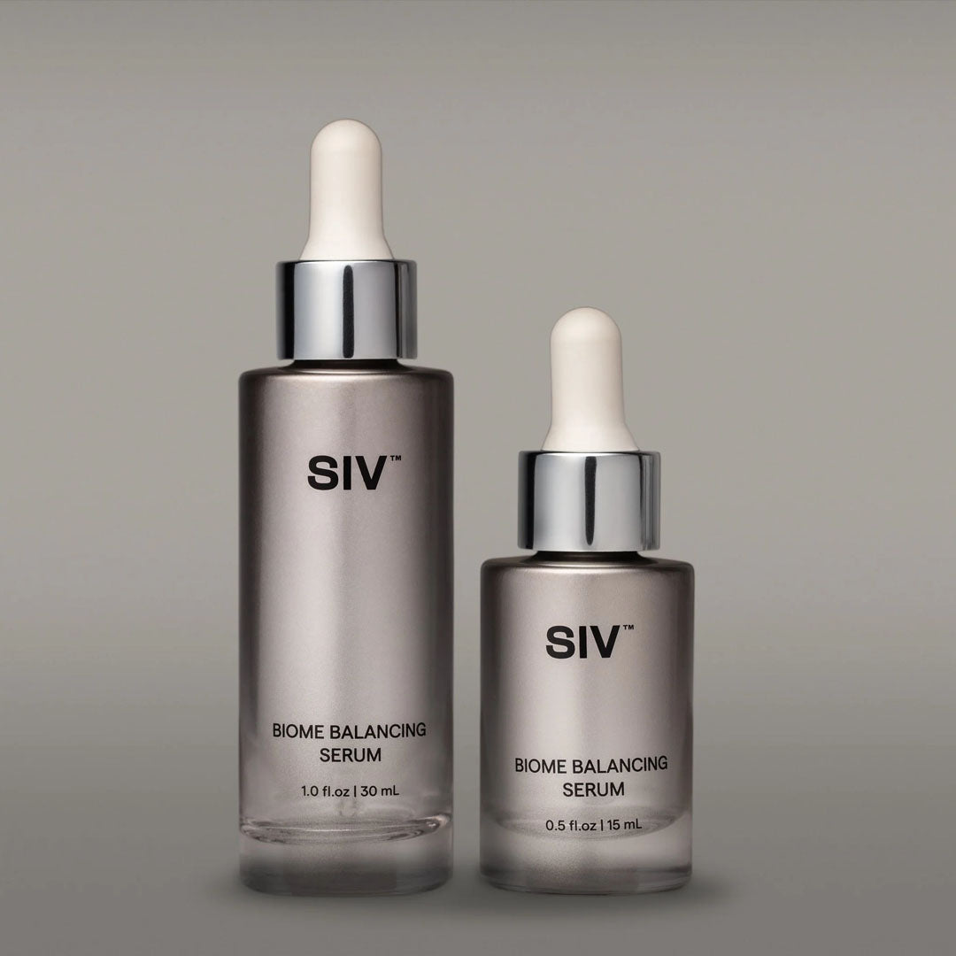 Two SIV Biome Balancing Serums in frosted glass bottles with silver droppers: 30mL and 15mL sizes.