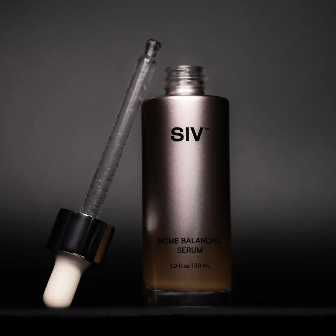 SIV Biome Balancing Serum in a 30mL rose gold glass bottle with a precision dropper.