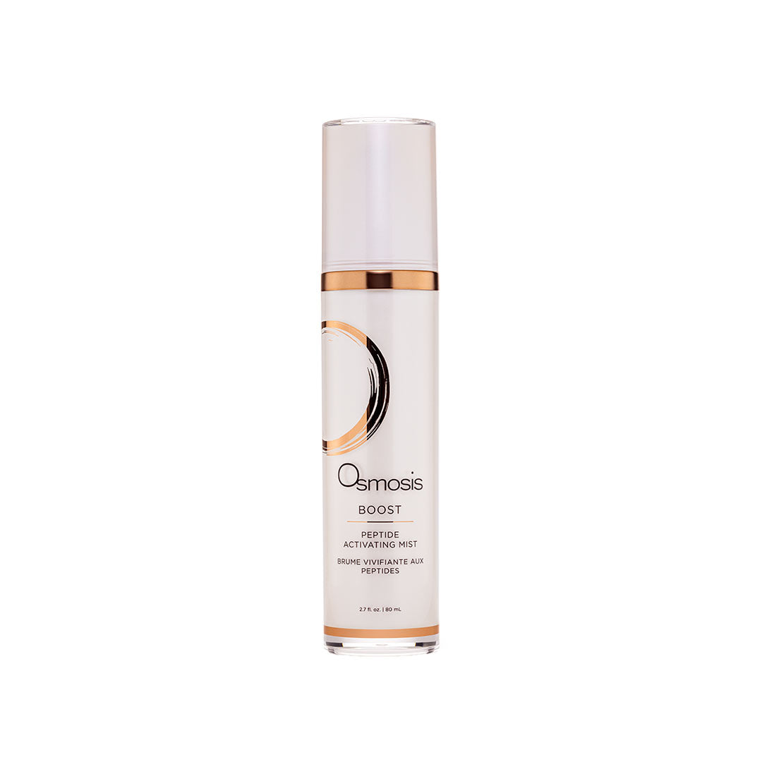White Osmosis Boost Peptide Activating Mist bottle with gold accents and clear cap.