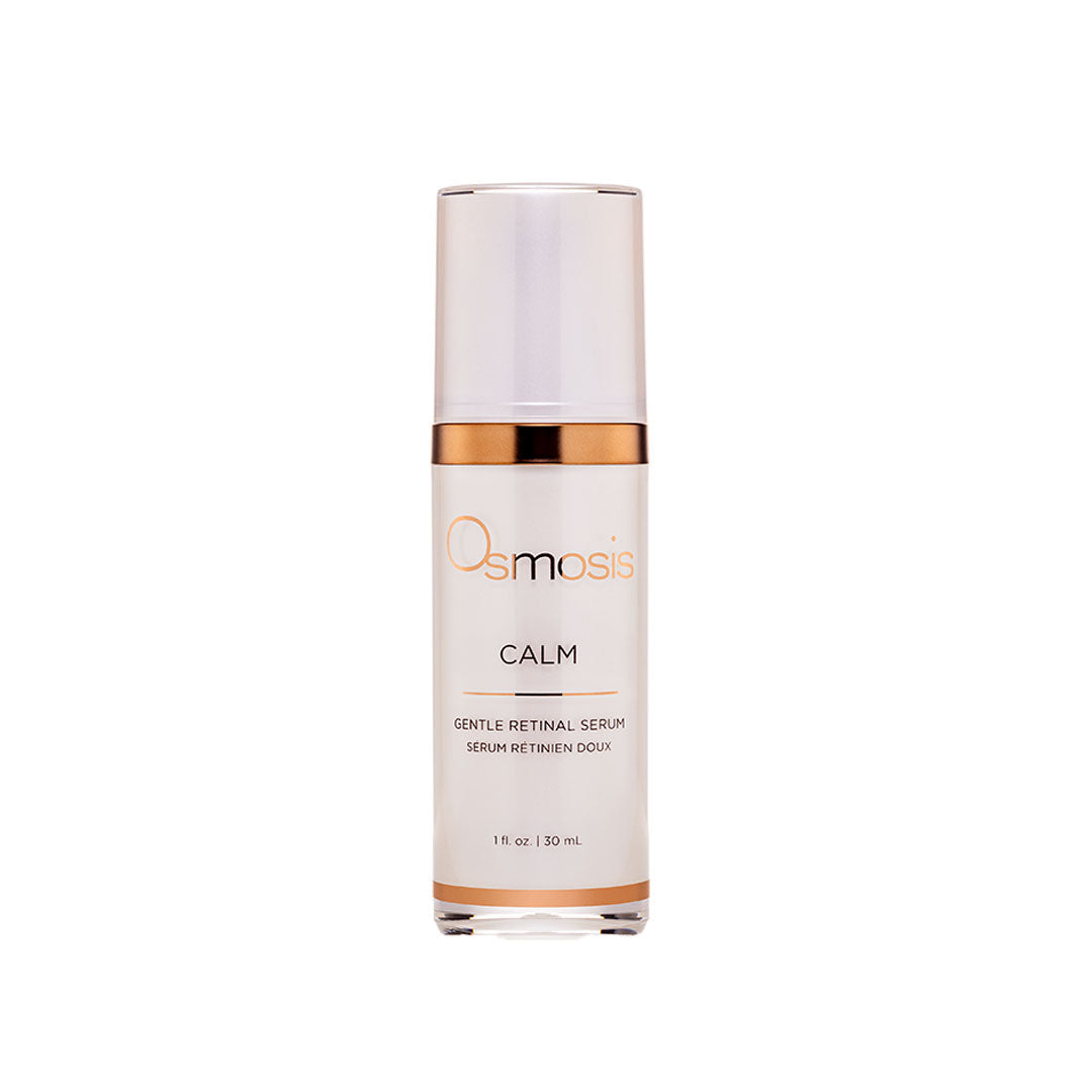 Osmosis Calm Gentle Retinal Serum in a white and rose gold pump bottle, 1 fl oz.