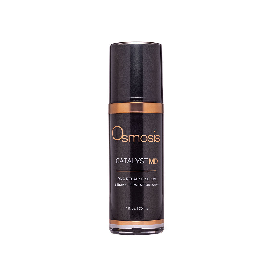 Osmosis Catalyst MD DNA Repair Serum in a sleek black and gold 1 fl. oz. pump bottle.