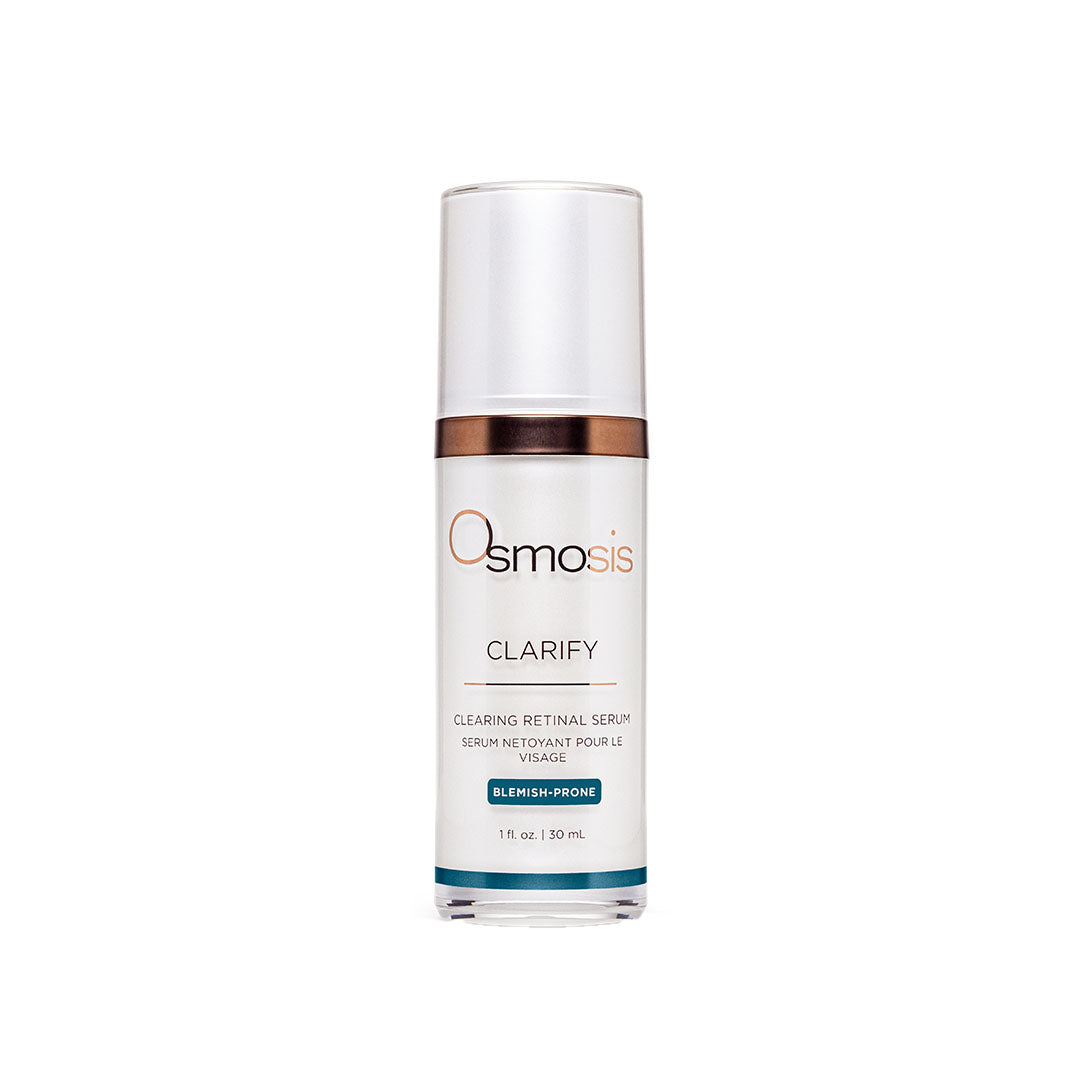 White and clear Osmosis Clarify Clearing Retinal Serum bottle with copper band, 1 fl oz.