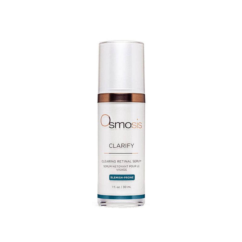 White and clear Osmosis Clarify Clearing Retinal Serum bottle with copper band, 1 fl oz.