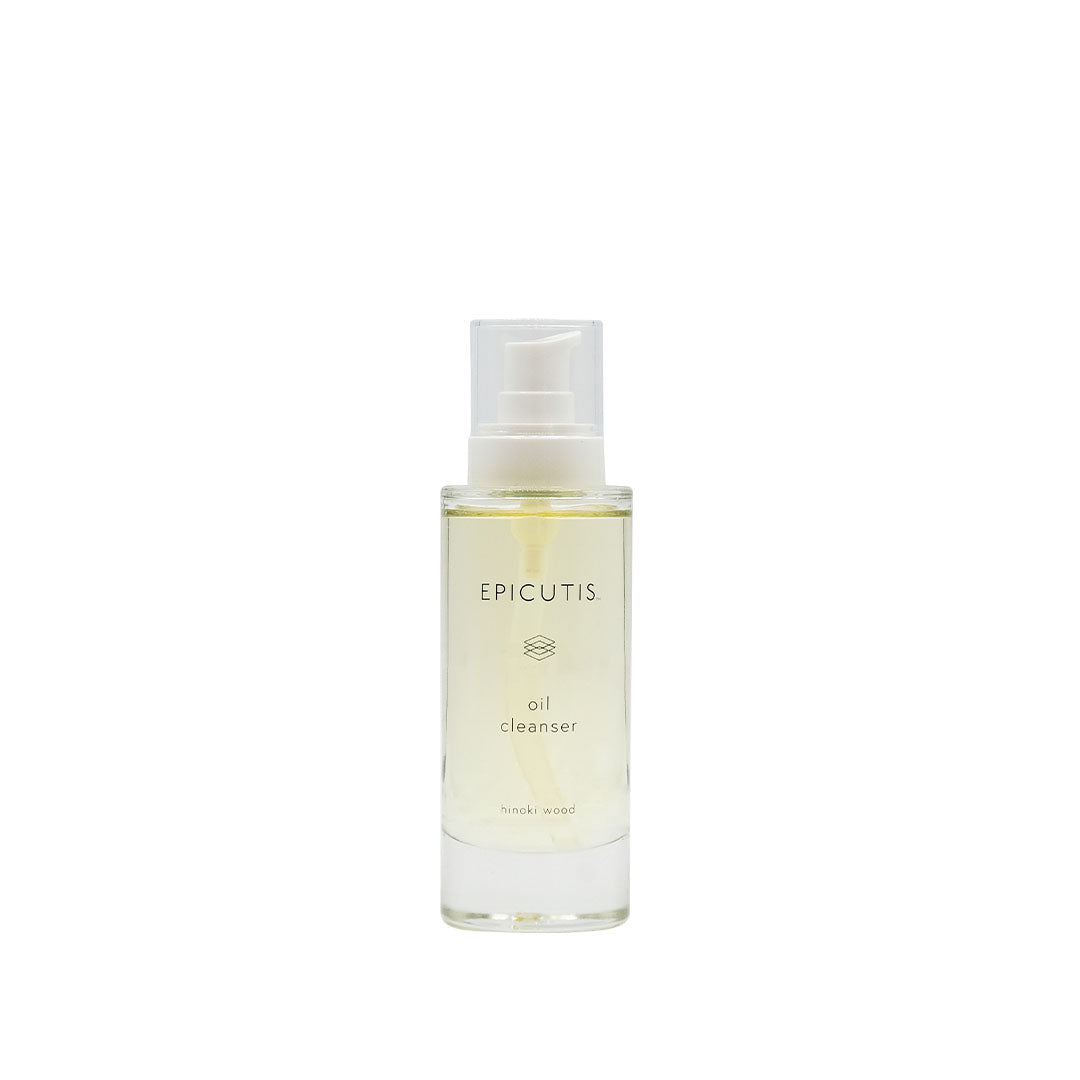 Epicutis Oil Cleanser in a clear glass bottle with a white pump, featuring a minimalist label.