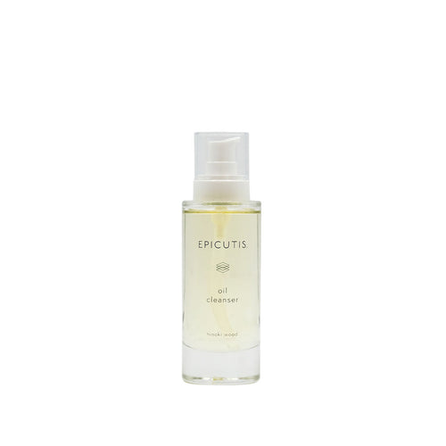 Epicutis Oil Cleanser in a clear glass bottle with a white pump, featuring a minimalist label.