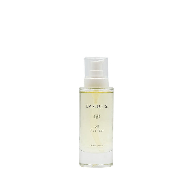 Epicutis Oil Cleanser in a clear glass bottle with a white pump, featuring a minimalist label.