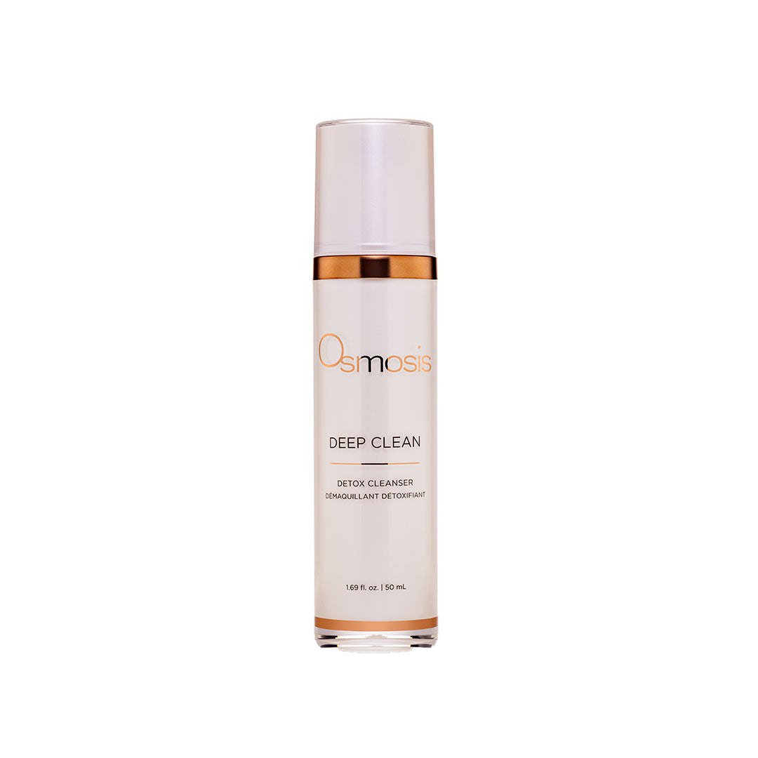 White Osmosis Deep Clean Cleanser bottle with a rose gold accent band and cap, 1.69 fl. oz. / 50 mL.