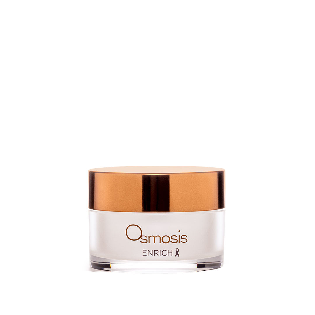 Osmosis Enrich Restorative Face & Neck cream in a frosted glass jar with a rose gold lid.