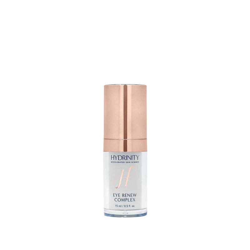 Hydrinity Eye Renew Complex, a white and rose gold pump bottle, 15ml.