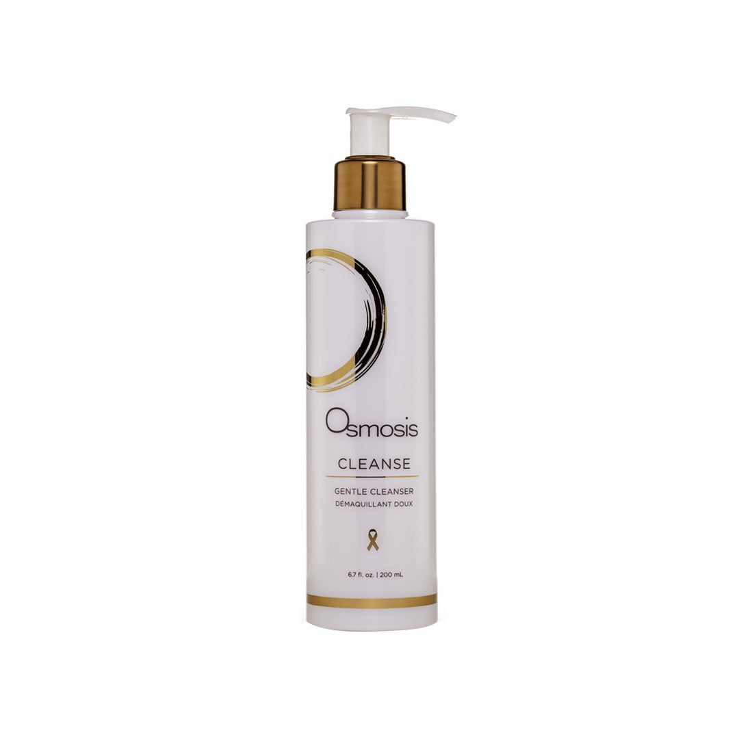 White Osmosis Gentle Cleanser bottle with gold pump and accents, 6.7 fl oz.