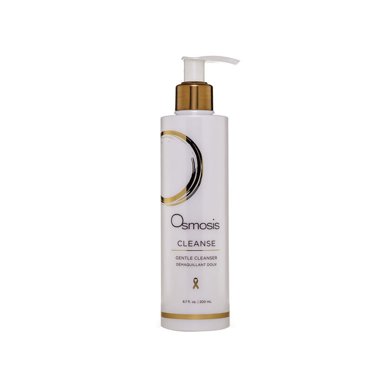 White Osmosis Gentle Cleanser bottle with gold pump and accents, 6.7 fl oz.