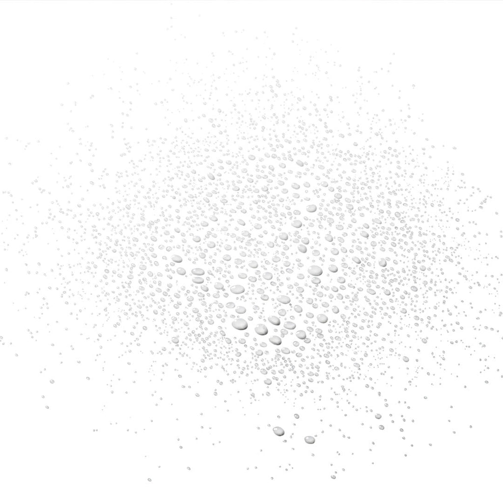 Clear water droplets in various sizes, scattered on a white background, suggesting a refreshing mist.