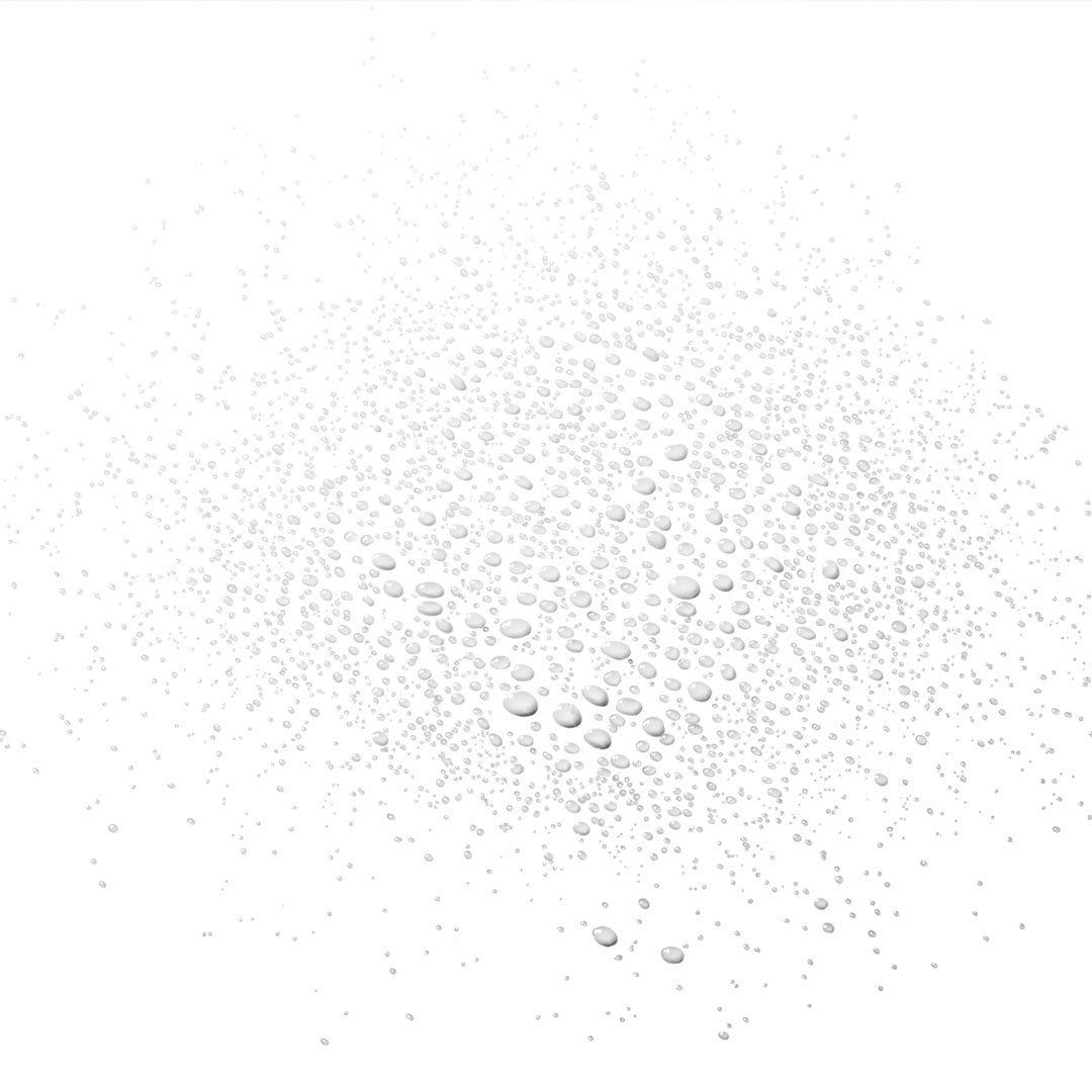 Clear water droplets in various sizes, scattered on a white background, suggesting a refreshing mist.