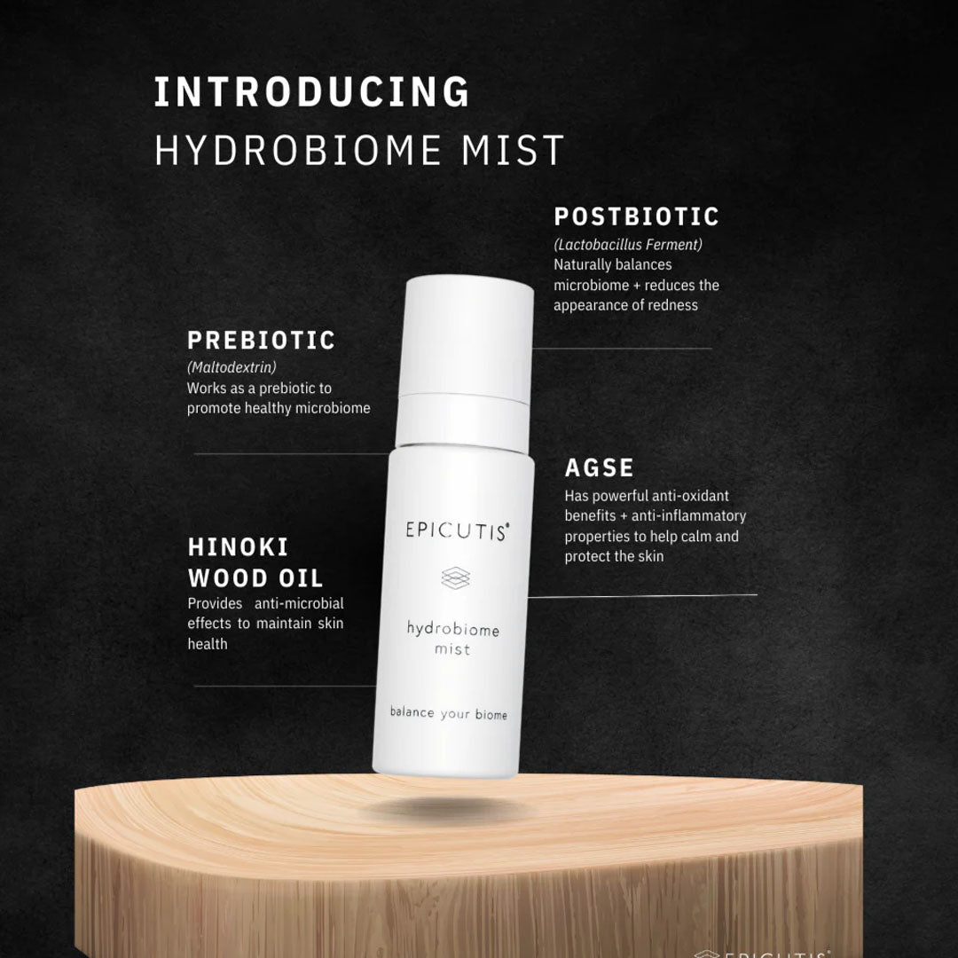 White EPICUTIS Hydrobiome Mist spray bottle with a minimalist design, floating above a light wood surface.