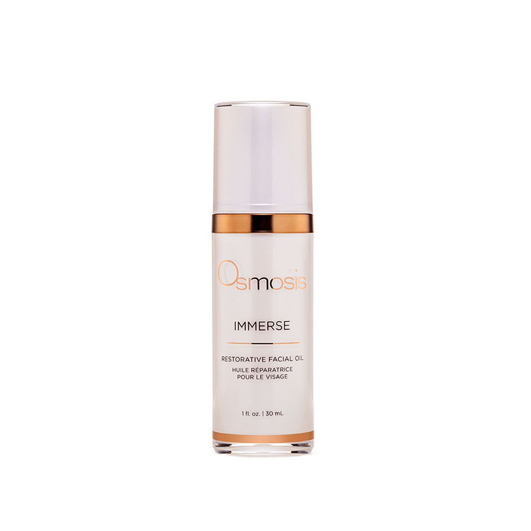 Osmosis Immerse Restorative Face Oil in a white and rose gold 1 fl. oz. pump bottle.