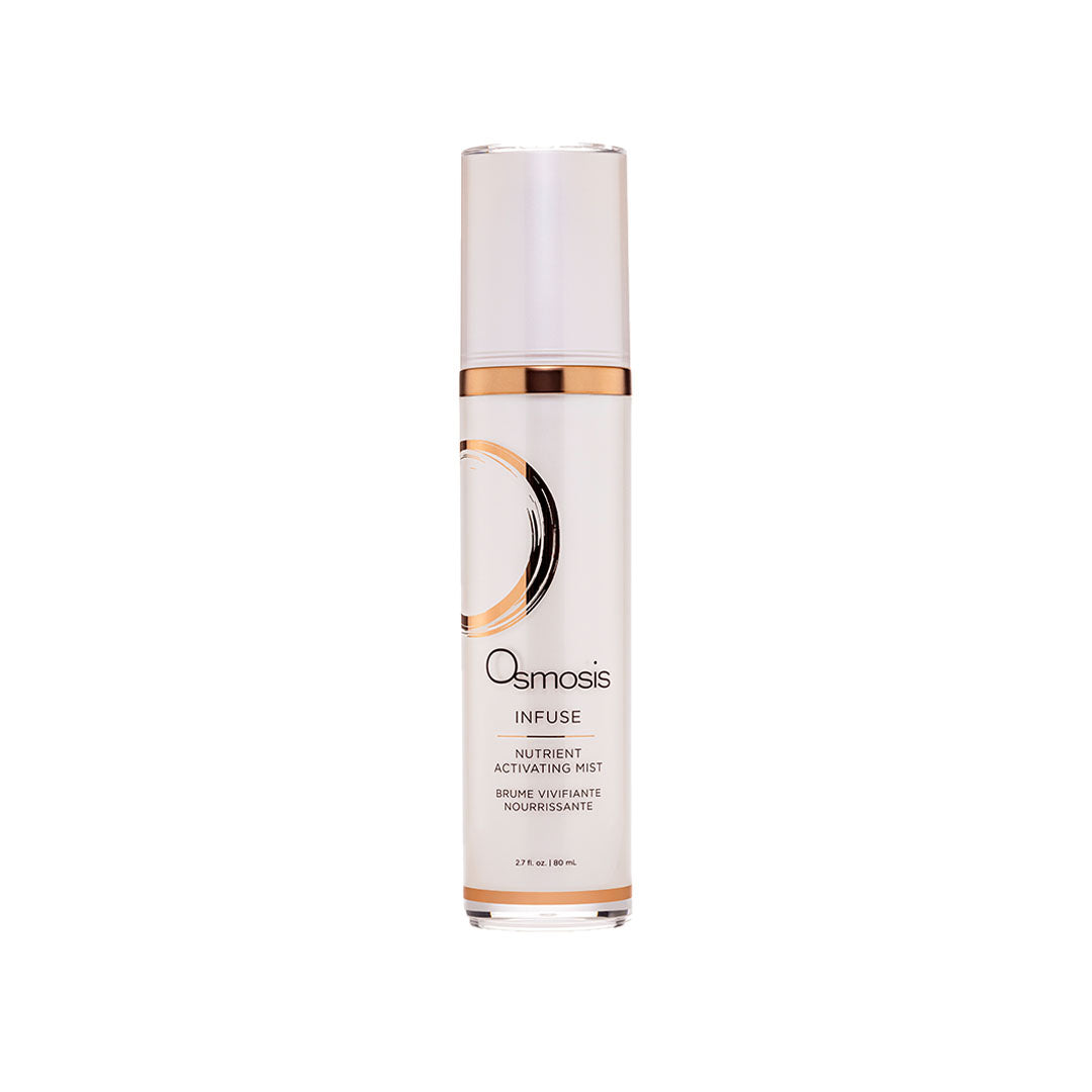 White Osmosis Infuse Activating Mist bottle with a rose gold accent band and logo, 80ml.