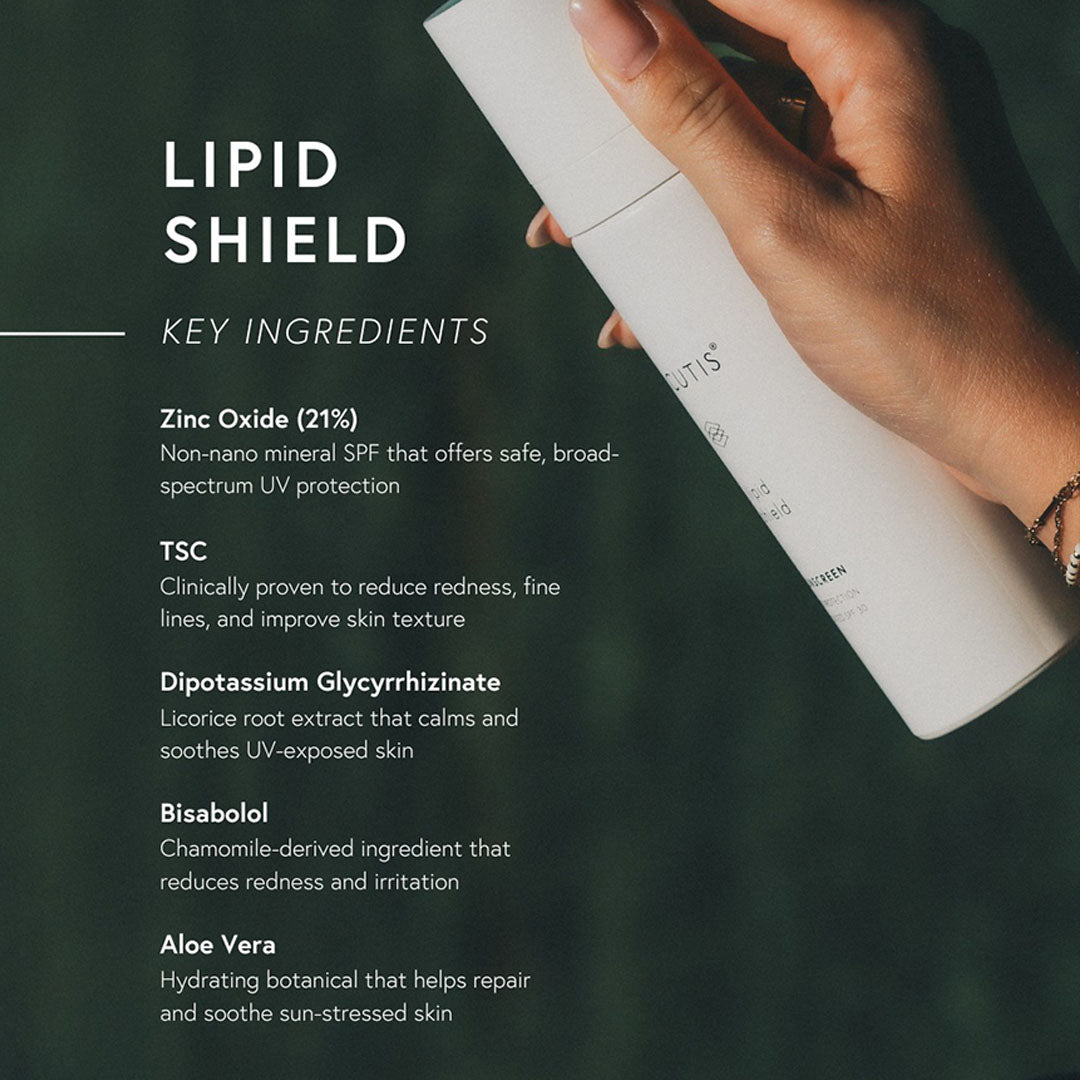 White "Lipid Shield" sunscreen bottle held by a hand, with key ingredients listed on a dark green background.