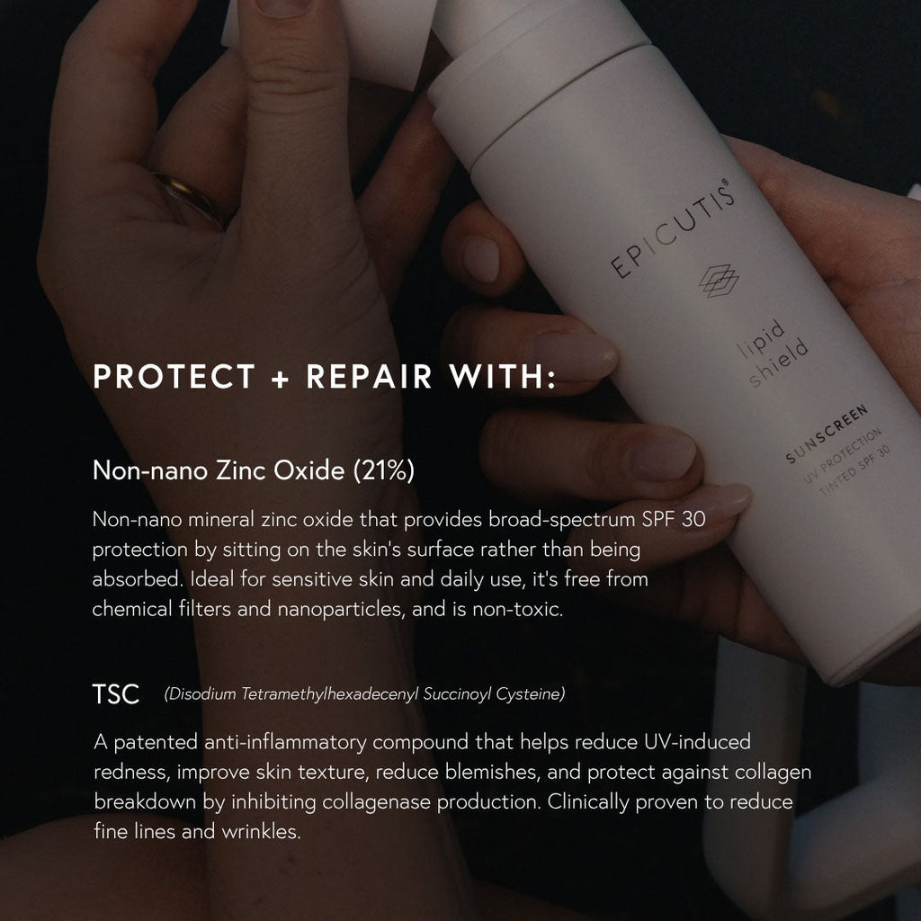 White Epicutis Lipid Shield SPF 30 sunscreen bottle held by hands, showing product name and "Sunscreen UV Protection Tinted SPF 30".