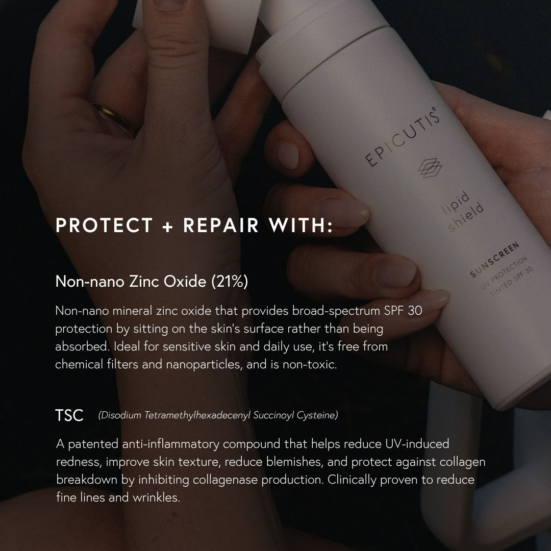 White Epicutis Lipid Shield SPF 30 sunscreen bottle held by hands, showing product name and "Sunscreen UV Protection Tinted SPF 30".