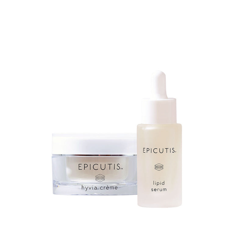 Epicutis Luxury Skincare Set: clear jar of Hyvia Crème and frosted bottle of Lipid Serum with white caps.