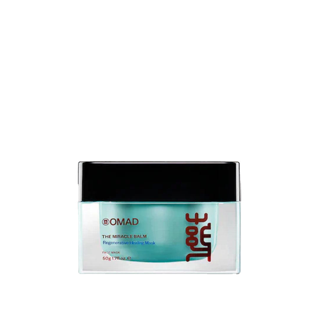Miracle Balm face mask in a light blue jar with a black lid and red "FOUNT" text.