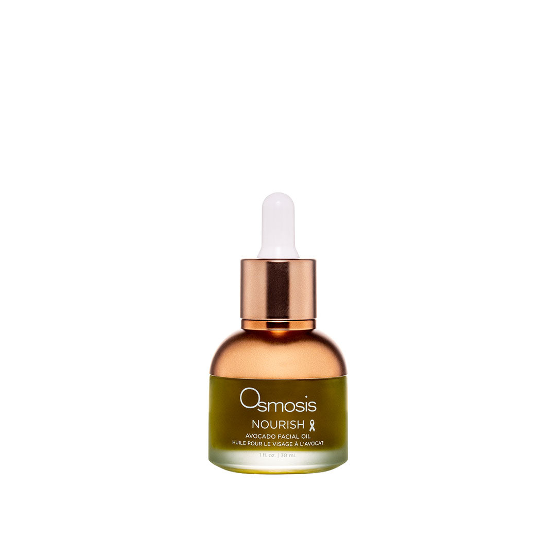 Osmosis Nourish Avocado Facial Oil in a small, green glass dropper bottle with a copper cap.