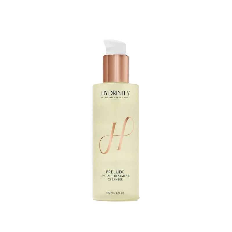Hydrinity Prelude Facial Treatment Cleanser, a clear 180ml bottle with a rose gold pump.