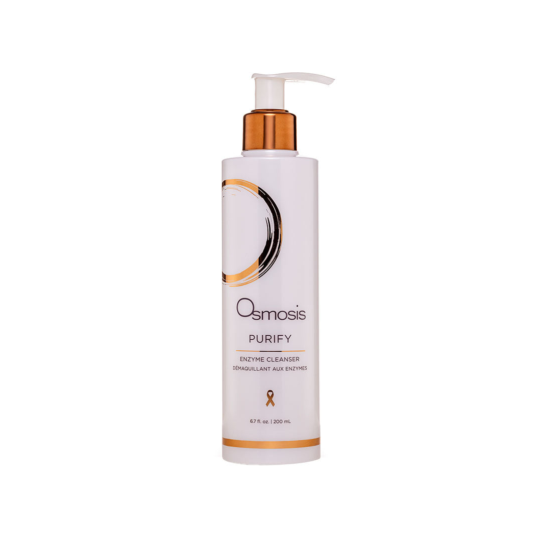 White Osmosis Purify Enzyme Cleanser bottle with a rose gold pump and accents.