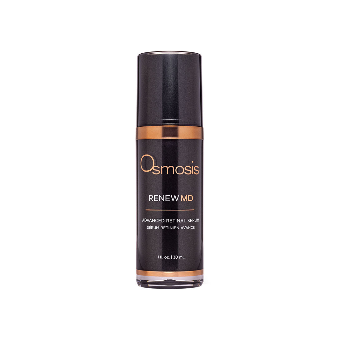 Osmosis Renew MD Advanced Retinal Serum in a sleek black and gold pump bottle.