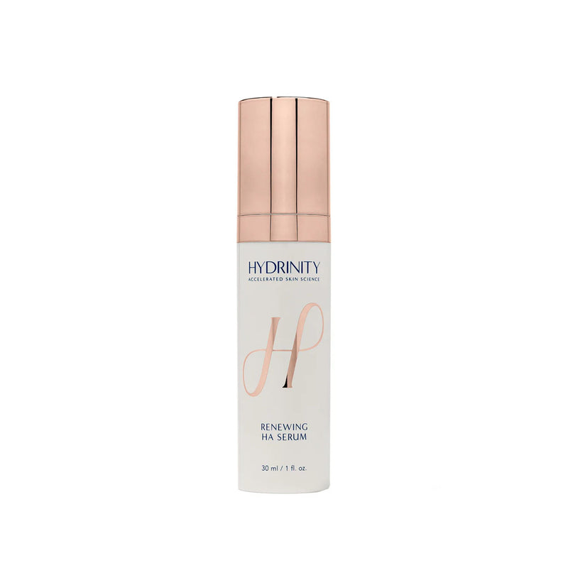 White Renewing HA Serum bottle with rose gold pump and cap, 30ml.