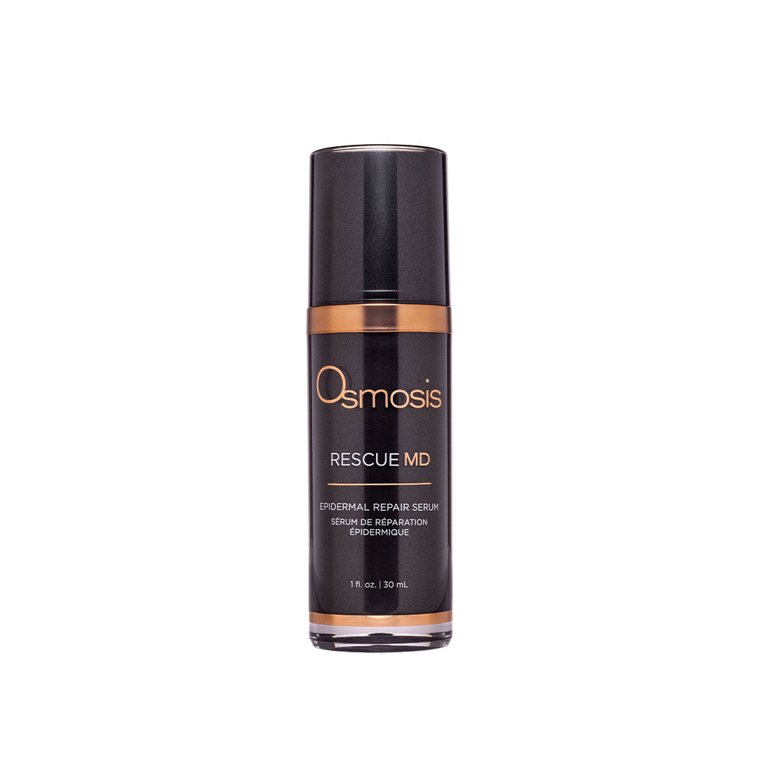 Osmosis Rescue MD Epidermal Repair Serum in a sleek black and copper pump bottle.