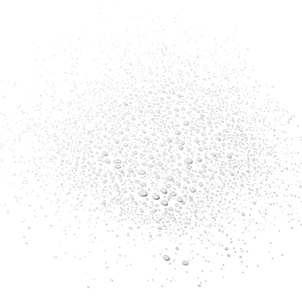 Clear water droplets of various sizes scattered on a white background, suggesting a refreshing mist.