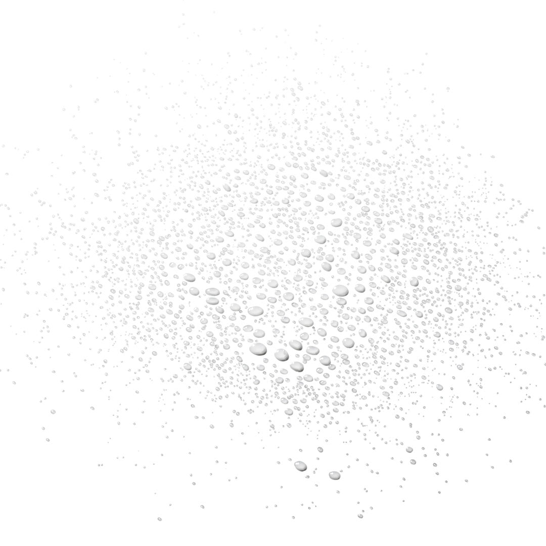 Clear water droplets of various sizes scattered on a white background, suggesting a refreshing mist.