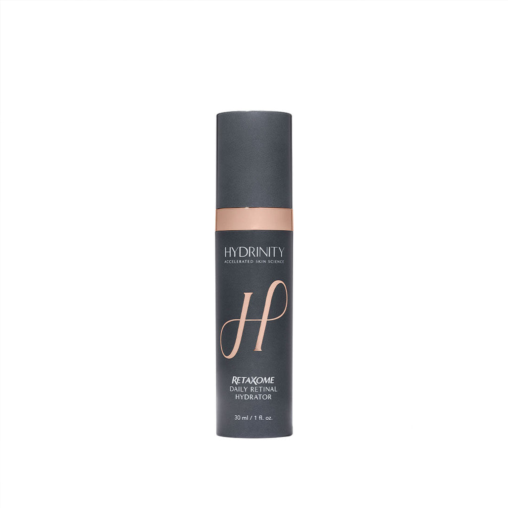 Hydrinity Retaxome Daily Retinal Hydrator, a sleek dark gray pump bottle with rose gold accents.