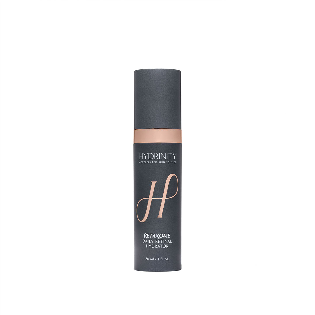 Hydrinity Retaxome Daily Retinal Hydrator, a sleek dark gray pump bottle with rose gold accents.