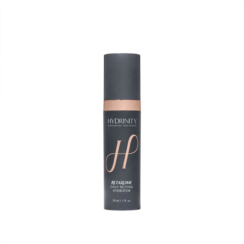 Hydrinity Retaxome Daily Retinal Hydrator, a sleek dark gray pump bottle with rose gold accents.