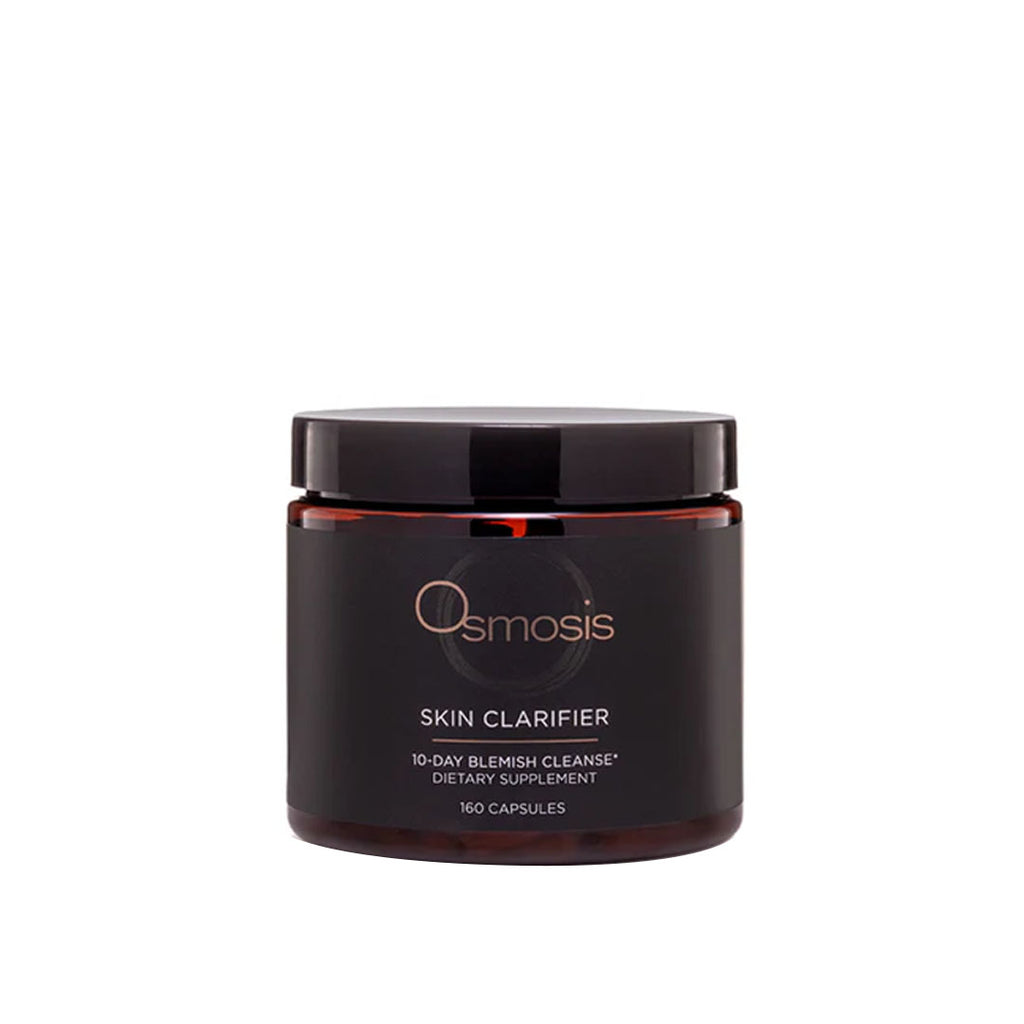 Osmosis Skin Clarifier, 160 capsules, in a dark brown jar with a black lid and gold logo.