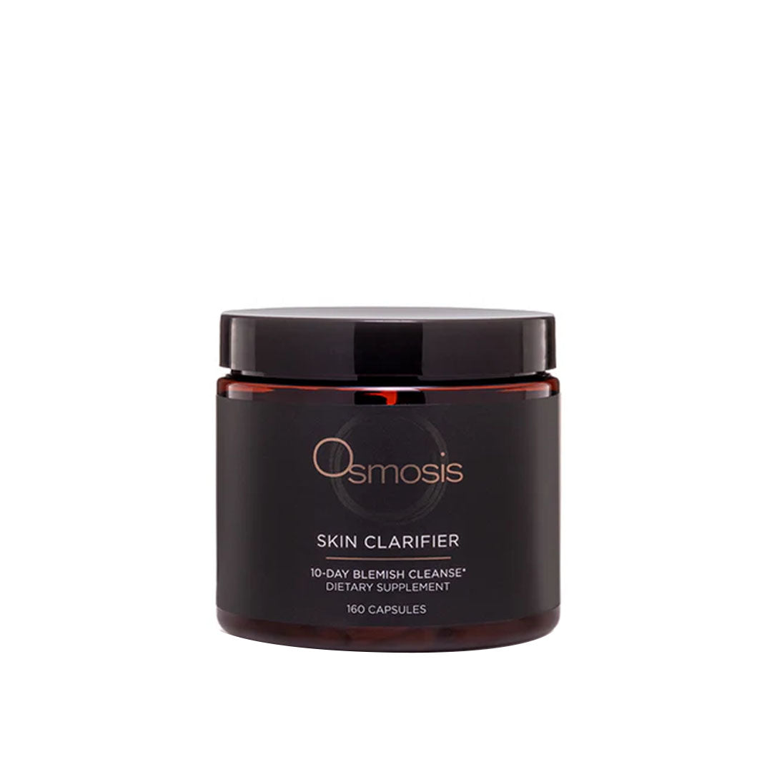 Osmosis Skin Clarifier, 160 capsules, in a dark brown jar with a black lid and gold logo.