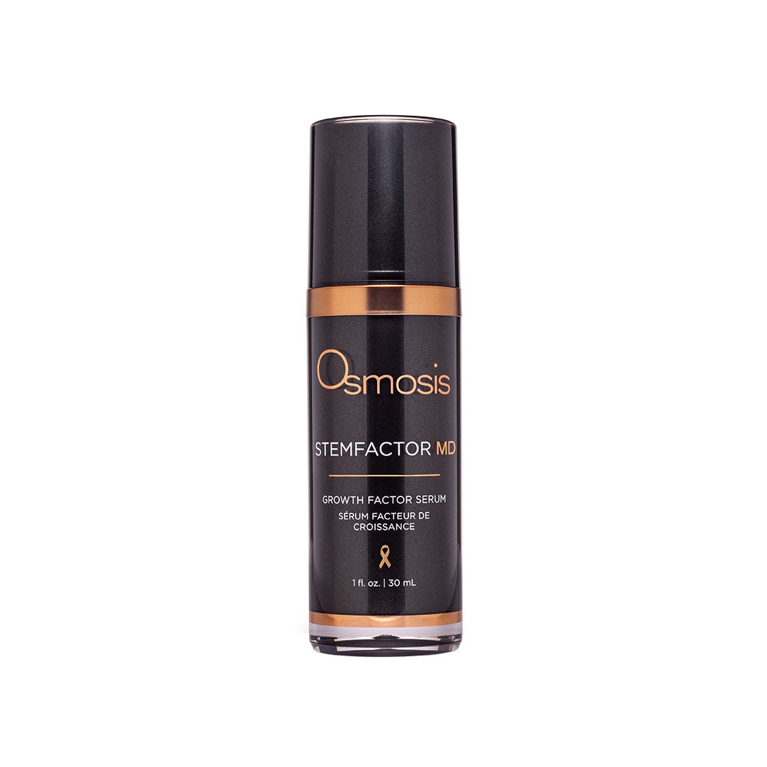 Osmosis StemFactor MD Growth Factor Serum in a sleek black and gold 1 fl oz pump bottle.